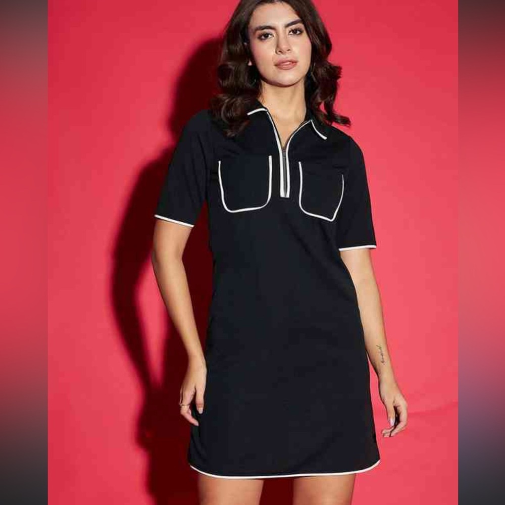 Zara Black Knit Polo Dress with White Trim and Gold Zip